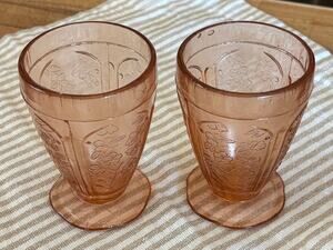 Vintage 1930s Jeannette Cherry Blossom Pink Depression Glass Footed Tumblers Set